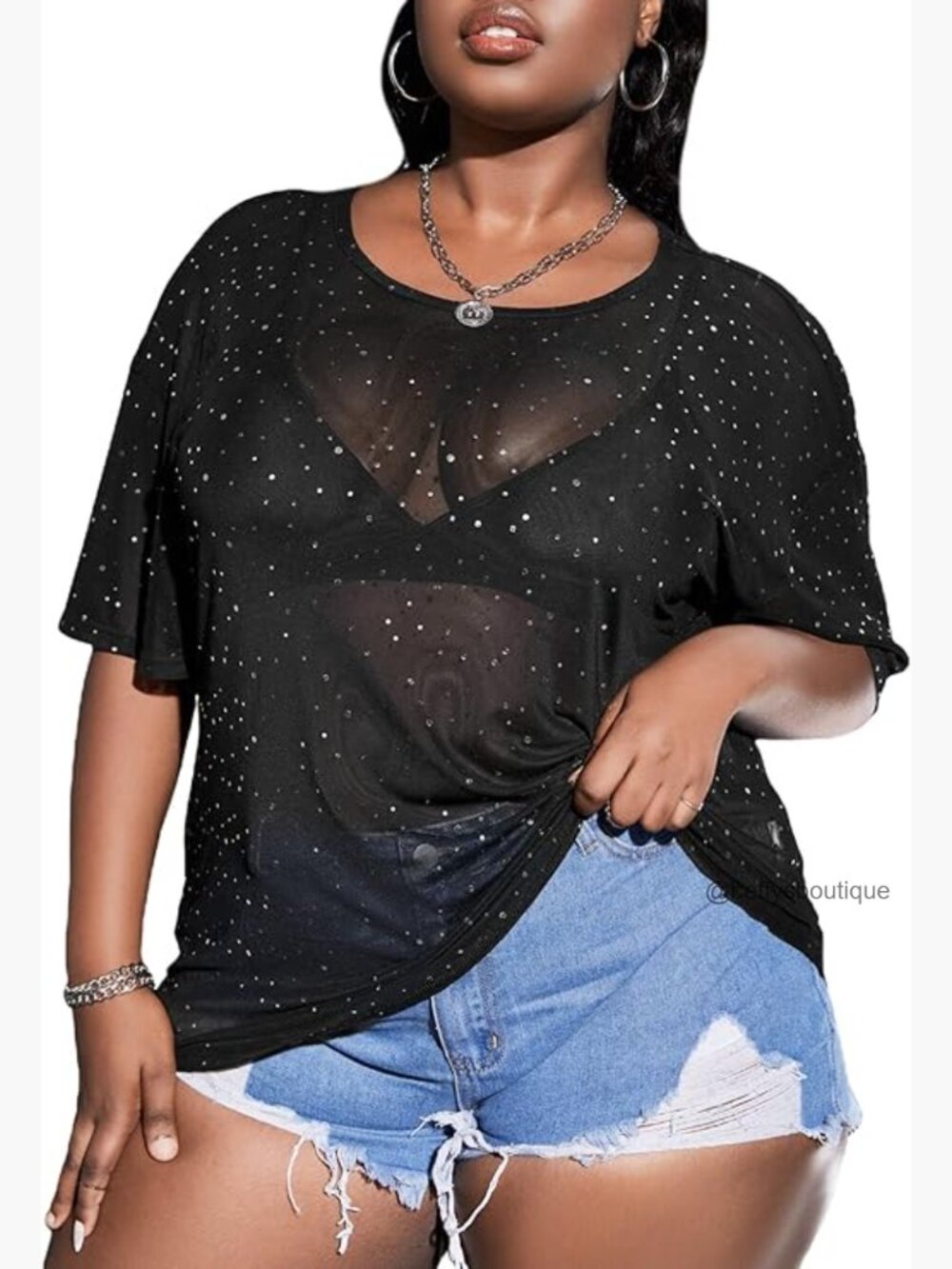 Plus Size Mesh Rhinestone Sequin Short Sleeve Festival Tops